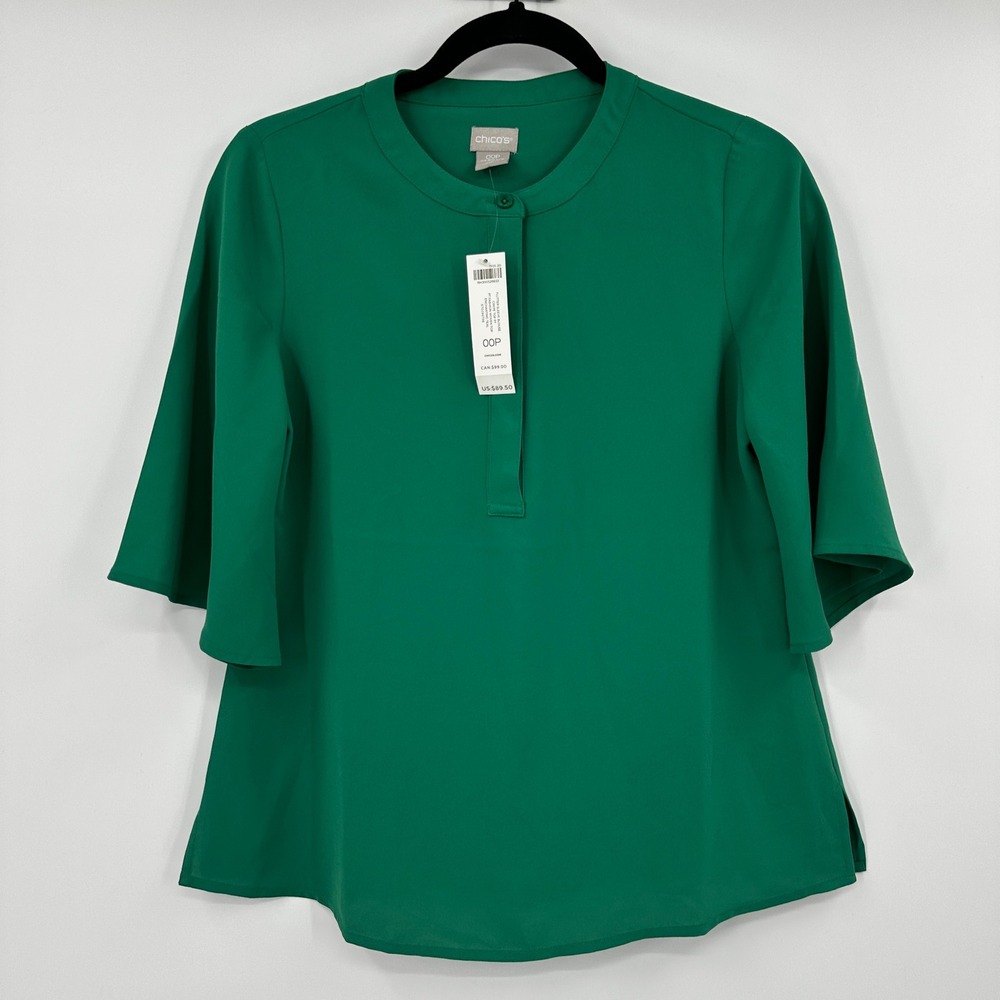 Chicos Flutter Sleeve Blouse Green Crepe Woven Top OOP Size 0 2P‎